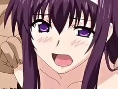 Collared hentai girls service his cock in the woods